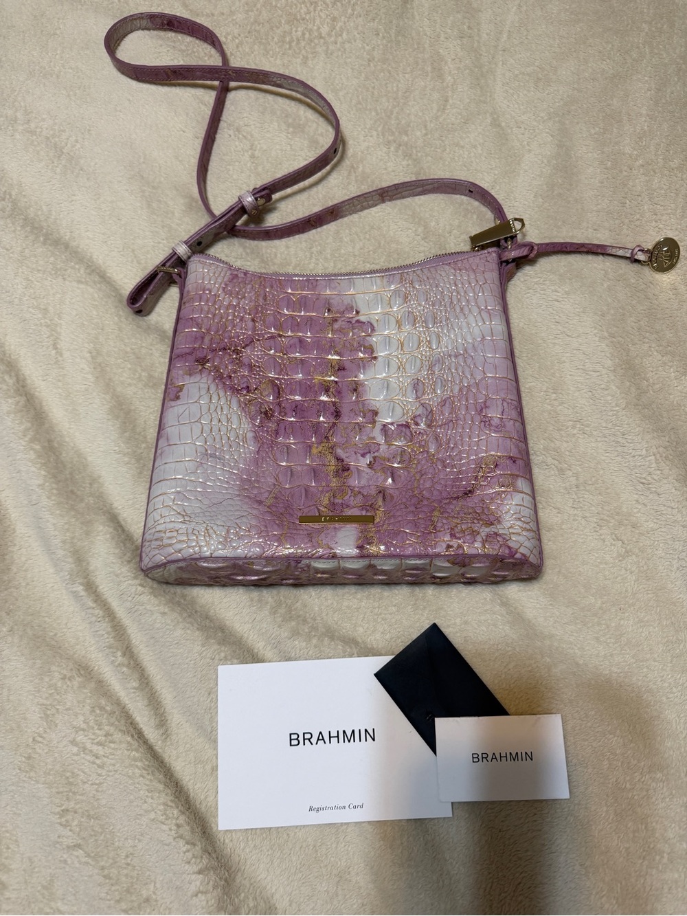 Brahmin Katie Lilac and Cream Croc-Embossed Leather Crossbody